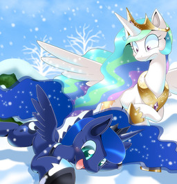 blue_body blue_fur blush crown cutie_mark duo feathered_wings feathers female feral fur green_eyes hair headgear horn multicolored_hair outside plant princess purple_eyes quadruped royalty sky snow sparkles tail tree white_body white_fur wings winter conditional_dnp oze friendship_is_magic hasbro my_little_pony mythology princess_celestia_(mlp) princess_luna_(mlp) equid equine mammal mythological_creature mythological_equine winged_unicorn 2012 source_request