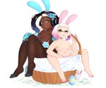areola basket big_breasts bikini black_hair blue_bikini blue_clothing blue_eyes blue_hair blue_swimwear breasts clothed clothing container cross_pupils dark_body dark_skin duo easter_egg electronics eyelashes fake_ears fake_rabbit_ears female hair headphones holidays horizontal_pupils long_hair looking_at_viewer markings mole_(marking) mole_under_mouth mostly_nude multicolored_hair navel nipples open_mouth open_smile orange_eyes panties panties_only pink_areola pink_clothing pink_hair pink_nipples pink_panties pink_underwear pupils short_hair simple_background sitting smile swimwear tan_body tan_skin thick_thighs topless two-piece_swimsuit two_tone_hair underwear underwear_only white_background white_hair snotty_(artist) easter nintendo splatoon marina_(splatoon) pearl_(splatoon) animal_humanoid cephalopod cephalopod_humanoid humanoid inkling marine marine_humanoid mollusk mollusk_humanoid octarian octoling 6:5 absurd_res hi_res