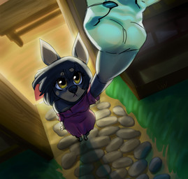 ambiguous_gender anthro big_eyes brown_eyes fantasy grey_body male night pose reaching simple_background solo lostwisdom canid canine mammal hi_res