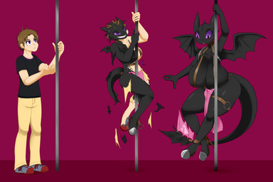 anthro big_breasts black_body black_clothing black_shirt black_topwear blue_eyes bottomwear breast_growth breasts brown_hair clothing female footwear gender_transformation growth hair high_heels horn horn_growth human_to_anthro loincloth looking_down male membrane_(anatomy) membranous_wings mtf_transformation pants pole purple_sclera red_background red_clothing red_footwear red_high_heels shirt shoes simple_background smile species_transformation spiral spiral_eyes stripper_pole surprised tail tail_growth topwear transformation transformation_sequence wing_growth wings mentalcrash dreamworks european_mythology how_to_train_your_dragon mythology dragon fury_(httyd) human mammal mythological_creature mythological_scalie night_fury scalie western_dragon 2024 hi_res sequence