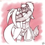 abs anthro bear_hug big_breasts breasts clothed clothing duo female female/female french_kissing fur hair kissing muscular muscular_anthro muscular_female simple_background size_difference tight_hug topless wrestler drxii canid hyena mammal spotted_hyena 1:1 2020 digital_media_(artwork) hi_res