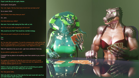 anthro caption card card_game chair clothed clothing competition dialogue duo female first_person_view furniture gaming green_clothing green_topwear holding_playing_card mind_control playing_card red_clothing red_topwear sitting table text topwear thalarynth petruz_(modeler) cobra_(petruz) crocodile_(petruz) kathy_(thalarynth) cobra crocodile crocodilian reptile scalie snake 16:9 2023 3d_(artwork) digital_media_(artwork) english_text hi_res widescreen