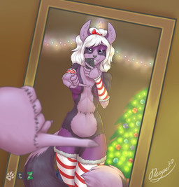 accessory anthro big_breasts bow_(feature) bow_accessory bow_ribbon breasts camera cellphone christmas_decorations christmas_lights christmas_tree clothing covering covering_breasts covering_crotch covering_self dipstick_tail disembodied_hand electronics female female_pov first_person_view grin hair hair_accessory hair_bow hair_ribbon holidays legwear lights looking_at_mirror looking_at_object looking_at_viewer markings mirror mirror_selfie mostly_nude multicolored_hair multicolored_tail pattern_clothing pattern_legwear pattern_stockings phone plant red_bow reflection ribbons selfie smile solo stockings striped_clothing striped_legwear striped_stockings stripes tail tail_markings thigh_highs tree white_hair reaper3d christmas one_finger_challenge canid canine fennec_fox fox mammal true_fox 2016 absurd_res digital_media_(artwork) hi_res meme shaded