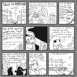 anthro belly breasts building dialogue duo female male outside overweight profanity text axlwisp nintendo pokemon jackie_(axlwisp) generation_4_pokemon lopunny pokemon_(species) 2012 comic english_text hi_res monochrome
