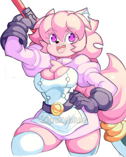 anthro chest_tuft cleavage_cutout cutout female fur holding_object holding_weapon pink_body pink_fur purple_eyes solo tuft weapon zipskyblue hanako_(zipskyblue) felid feline mammal 4:5 hi_res