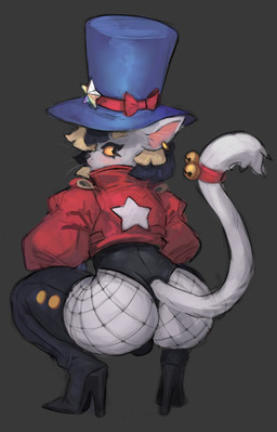 anthro bell black_hair blonde_hair boots bulge butt clothed clothing crouching ear_piercing femboy fishnet_clothing fishnet_legwear footwear fur grey_body grey_fur hair hat headgear headwear high_heeled_boots high_heels jacket legwear leotard looking_at_viewer looking_back looking_back_at_viewer male orange_eyes piercing presenting presenting_hindquarters shoes simple_background solo star tail thigh_boots thigh_highs top_hat topwear pajamamcham jaspar_(pajamamcham) domestic_cat felid feline felis mammal hi_res