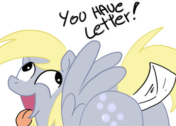 blonde_hair butt cutie_mark envelope feathered_wings feathers female feral grey_body grey_feathers hair letter simple_background solo tail text tongue tongue_out white_background wings unknown_artist friendship_is_magic hasbro my_little_pony mythology derpy_hooves_(mlp) equid equine mammal mythological_creature mythological_equine pegasus english_text