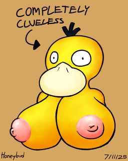 anthro beak big_breasts blank_expression blank_stare breasts female fur huge_breasts solo text yellow_body yellow_fur honeybud nintendo pokemon anatid anseriform avian bird duck generation_1_pokemon pokemon_(species) psyduck hi_res