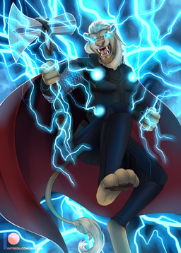 alternate_species anthro armor axe barefoot beard blonde_hair blue_eyes brush_tail cape clothed clothed_anthro clothed_male clothing digitigrade electricity facial_hair fangs feet glowing glowing_eyes hair holding_axe holding_melee_weapon holding_object holding_weapon lightning male melee_weapon red_cape red_clothing solo stormbreaker teeth text weapon yoko_darkpaw marvel thor_(marvel) asgardian demigod felid lion mammal pantherine 2021 absurd_res hi_res url