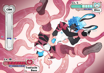 ahegao anthro bad_end black_body black_fur blue_hair blue_penis clothing femboy forced fur game_over gameplay_mechanics genitals hair looking_pleasured male oral oral_penetration pawpads paws penetration penis rape sex solo solo_focus tentacle_in_mouth tentacle_penetration tentacle_rape tentacle_sex tentacles torn_clothing white_body fushha alexthedogkin lagomorph leporid mammal rabbit absurd_res hi_res