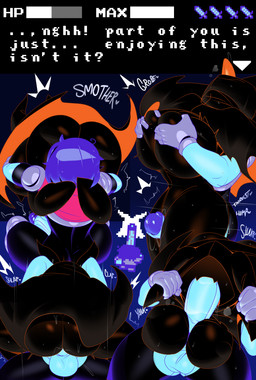 armor ass_on_face big_breasts big_butt big_penis black_body blue_hair bodily_fluids breast_grab breast_play breasts butt clothing cowgirl_position cum cum_drip cum_on_penis dripping duo fellatio female from_behind_position from_front_position gauntlets genital_fluids genitals gloves hair hand_on_breast handwear horn horn_grab male male/female on_bottom on_top oral penile penis sex sweat sweatdrop text titfuck captainkirb deltarune undertale_(series) kris_dreemurr shadow_mantle_(deltarune) human humanoid mammal 2025 absurd_res digital_media_(artwork) english_text hi_res pixel_(artwork)