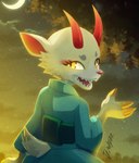 anthro asian_clothing clothed clothing east_asian_clothing female fur horn japanese_clothing moon open_mouth sharp_teeth solo tail teeth drawligator animal_crossing nintendo shino_(animal_crossing) deer mammal hi_res