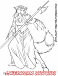 anthro axe belt biped chest_tuft claws clothing dress fangs female footwear fur girdle hair halberd long_hair melee_weapon open_mouth polearm poleaxe shoes solo standing teeth text tuft weapon cybercat canid canine mammal monochrome