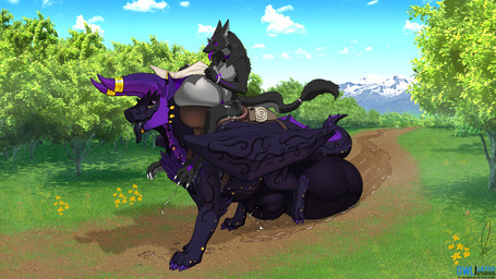 animal_genitalia anthro balls big_balls big_sheath bodily_fluids duo excessive_genital_fluids excessive_precum feral genital_fluids genitals huge_balls huge_sheath hyper hyper_balls hyper_genitalia hyper_sheath male outside precum riding sheath owligatorstudios mythology mideilos raizen_t'laaren alatreon dragon mythological_creature mythological_scalie scalie sergal hi_res