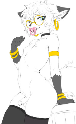 anthro areola armlet balls bracelet choker circumcised clothing ear_piercing ear_ring eyewear femboy genitals glasses gold_(metal) gold_jewelry hoop_ear_ring jewelry legwear male necklace nipple_dip pacifier penis piercing ring_piercing size_difference smaller_male solo thigh_highs r3ign canid canine fox mammal absurd_res hi_res