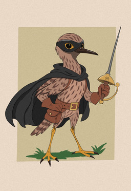 ambiguous_gender anthro beak belt biped black_cape black_clothing black_eyes brown_beak brown_belt brown_body brown_clothing brown_feathers brown_gloves brown_handwear cape clothing facial_markings feathers gloves grass hand_on_hip handwear head_markings holding_melee_weapon holding_object holding_rapier holding_sword holding_weapon markings mask_(marking) melee_weapon plant pouch_(clothing) rapier simple_background solo standing sword weapon yellow_sclera mardukian avian bird curlew hi_res