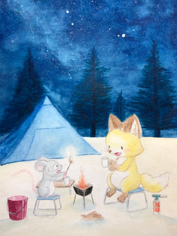 ambiguous_gender anthro black_eyes bodily_fluids bucket campfire candy chibi container cup dessert detailed_background duo feral fire food fur furniture grey_body grey_fur night open_mouth outside plant semi-anthro sitting sky snow star starry_sky sweat tent tree white_body white_fur yellow_body yellow_fur fusau canid canine fox mammal mouse murid murine rodent 2022 detailed hi_res traditional_media_(artwork)