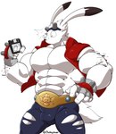 abs anthro biceps big_muscles bulge clothing floppy_disk fur growth male muscle_growth muscular muscular_anthro muscular_male pecs shocked solo torn_clothing white_body white_fur maldu summer_wars king_kazma lagomorph leporid mammal rabbit absurd_res hi_res