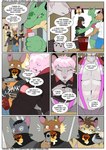 anthro breasts clothing female group gun inside male ranged_weapon shirt speech_bubble text topwear weapon fidchellvore ashe_(fidchellvore) canid canine canis coyote domestic_cat felid feline felis mammal 2024 comic english_text