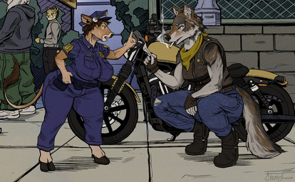 anthro big_breasts boots bottomwear breasts cigarette cigarette_smoke clothed clothing cloven_hooves denim denim_bottomwear denim_clothing ear_piercing eyebrow_piercing eyebrow_ring facial_piercing female footwear fully_clothed group hooves jacket jeans motorcycle outside pants piercing police police_hat police_uniform public ring_piercing scarf shoes shortstack smoke smoking standing stocky thick_thighs topwear uniform vehicle wide_hips mainlinemojo bovid bovine canid canine canis cattle cheetah felid feline mammal wolf 2019