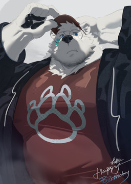anthro black_clothing black_jacket black_nose black_pawpads black_topwear blue_eyes claws clothed clothing eyewear finger_claws fur furgonomic_hat furgonomic_headwear furgonomics glasses happy_birthday hat headgear headwear jacket male musclegut muscular muscular_anthro muscular_male overweight overweight_anthro overweight_male pawpads print_clothing print_shirt print_t-shirt print_topwear red_clothing red_hat red_headwear red_shirt red_topwear shirt solo t-shirt teeth topwear wearing_glasses white_body white_fur bogexboog bear mammal polar_bear ursine absurd_res hi_res