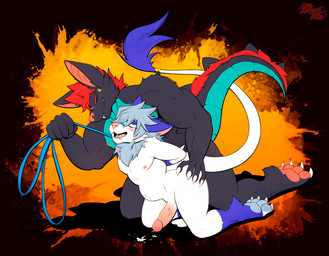 abdominal_bulge anal anal_penetration anthro anthro_on_anthro anthro_penetrated anthro_penetrating anthro_penetrating_anthro balls blue_body blue_fur blue_hair blue_pawpads blue_skin erection eyes_closed fangs fur genitals hair humanoid_genitalia humanoid_penis leash leash_pull looking_pleasured male male/male male_penetrated male_penetrating male_penetrating_male muscle_tone muscular muscular_anthro muscular_male neck_tuft pawpads paws pecs penetration penile penile_penetration penis penis_in_ass pink_pawpads red_hair scuted_tail sex tail tail_tuft teeth tuft vein veiny_penis white_body white_fur dustythebat mythology ambiguous_species bat dragon hybrid mammal mythological_creature mythological_scalie scalie
