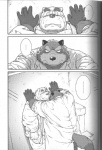 against_surface against_wall anthro bathroom bear black_nose blush bodily_fluids canid canine clenched_teeth clothing comic dialogue ellipsis facial_hair fox fur greyscale hi_res jin_(artist) male mammal me_and_my_teacher monochrome slightly_chubby sweat teeth text