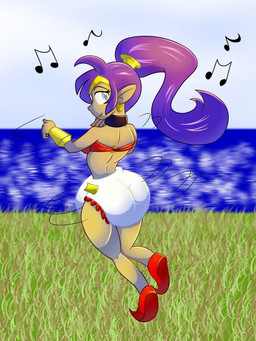 accessory bandeau bedlah big_diaper blue_eyes bracelet clothed clothing dancing diaper ear_piercing ear_ring female grass hair hair_accessory hair_tie jewelry musical_symbol not_furry picketfurret piercing plant pointy_shoes ponytail purple_hair rear_view ring_piercing sea skimpy sky smile solo speed_lines spinning symbol topwear water rfswitched shantae_(series) wayforward shantae half_genie 3:4 hi_res