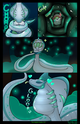 ambiguous_gender ambiguous_pred anthro anthro_prey black_border border butt coiling dipstick_tail duo endosoma eyes_closed female female_prey feral feral_pred forked_tongue fur grass green_body green_fur green_insides green_scales green_sclera green_tongue hair head_first healing_vore heart_symbol hearts_around_head inside_stomach internal markings neck_bulge night one_eye_closed oral_vore outside plant red_hair safe_vore saliva_on_butt scales smile sound_effects swallowing tail tail_markings teeth text title tongue tongue_out tree vore white_body white_fur white_scales dezzykitsune riya_(dezzykitsune) canid canine fox mammal reptile scalie snake 2022 comic dated english_text hi_res
