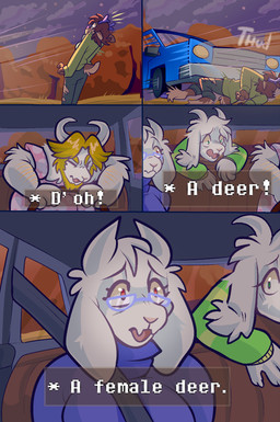 anthro car female fur group humor male night outside plant pun scene_parody sitting text tree truck vehicle vehicular_manslaughter white_body white_fur cookiethecabbit asgore_running_over_dess deltarune do-re-mi family_guy_death_pose the_simpsons the_sound_of_music undertale undertale_(series) asgore_dreemurr asriel_dreemurr dess_holiday toriel bovid caprine deer goat mammal new_world_deer reindeer 2025 comic comment_chain hi_res lol_comments meme