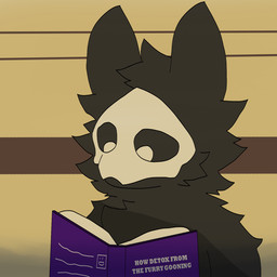 anthro black_body black_fur bone bone_mask book dark_body fur latex liquid_latex male mask open_book reading reading_book skull skull_mask solo suggestive_dialogue raganlier changed_(video_game) puro_(changed) canid canine canis dark_latex goo_creature mammal skulldog_(species) wolf 1:1 hi_res