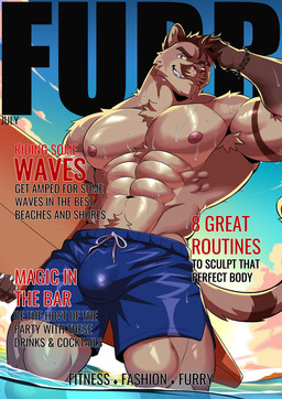 abs anthro beach big_muscles big_pecs body_hair bottomwear bulge clothing detailed_background happy_trail light magazine male muscular muscular_anthro muscular_male outside pecs photo_shoot sea shore shorts sunlight sunset surfboard surfer swimming_trunks swimwear text water wave wet wet_body wet_clothing ricius_teck shiby_(shibyokami) cougar felid feline mammal cover english_text hi_res magazine_cover