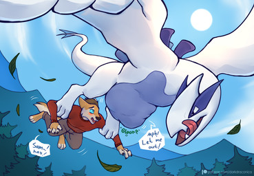 abdominal_bulge ambiguous_gender ambiguous_pred anthro arm_grab barefoot blue_body blue_eyes bottomwear brown_hair clothed clothing cloud cloudy_sky dialogue digestion_noises feet feral feral_pred flying foot_hold forest group hair leaf licking licking_lips licking_own_lips lifting_another looking_at_another male name_in_dialogue outside pants plant rumbling_stomach scared shirt sky speech_bubble sun tail text tongue tongue_out topwear tree trio unseen_prey vore white_body wings darkdraconica nintendo pokemon dave_(darkdraconica) canid canine fox generation_2_pokemon legendary_pokemon lugia mammal pokemon_(species) 2023 digital_media_(artwork) english_text url