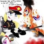 anthro arson breasts burning clothing duo eyelashes female fire flamethrower food gas_mask germany hat headgear headwear killing mask meat nazi nude piercing pregnant ranged_weapon smoke swastika team_captain text uniform weapon aryanne friendship_is_magic hasbro my_little_pony aryanne_(character) fan_character pennychan_(character) equid equine horse mammal 1:1 english_text hi_res