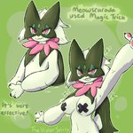 anthro breasts covered_nipples exposed_breasts eyelashes female fur green_background green_body green_fur green_hair grin hair looking_at_viewer magic_trick pasties pawpads pink_eyes pink_pawpads presenting presenting_breasts simple_background smile solo sparkles text thevioletspirit nintendo pokemon felid generation_9_pokemon mammal meowscarada pokemon_(species) english_text hi_res multiple_images signature