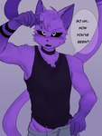anthro arm_tattoo black_clothing black_collar black_eyes black_shirt black_topwear blush bottomwear cheek_tuft chest_tuft clothing collar ex_boyfriend facial_tuft fur fur_markings hand_on_hip lean_body lean_muscle leaning leaning_forward long_tail male male/male markings pants pupils purple_body purple_fur shirt sweatpants tail tattoo topwear tuft white_pupils ki_kidrew mob_entertainment poppy_playtime smiling_critters catnap_(poppy_playtime) domestic_cat felid feline felis humanoid mammal hi_res
