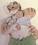 anthro belly blush bottomwear clothed clothing eyewear fur glasses hair male multicolored_body multicolored_fur navel open_bottomwear open_clothing open_pants overweight overweight_anthro overweight_male pants shirt_up solo tail tan_body tan_fur underwear yellow_eyes ponpo_ko5 felid mammal pantherine tiger 2019 hi_res