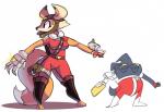 anthro aviator_cap claws clothing duo female gun leering male pose ranged_weapon raygun size_difference suit weapon wrist_gun wrist_weapon pc-engine awesomenauts leon_(awesomenauts) penny_fox canid canine chameleon fox lizard mammal reptile scalie hi_res