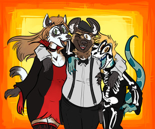anthro beard black_nose blonde_hair blue_tongue bodypaint bone bottomwear bow_(feature) bow_in_front bow_tie brown_body brown_eyes brown_fur clothed clothing costume dress eyewear face_paint facial_hair female fur glasses goatee green_eyes group gun hair hat headgear headwear jewelry long_hair male multicolored_body multicolored_fur one_eye_closed open_mouth pants ranged_weapon red_eyes simple_background skeleton slightly_chubby smile tongue topwear weapon wink puckpaints andre_taslim darius_davis emma_campbell african_wild_dog black-footed_ferret canid canine domestic_ferret komodo_dragon lizard mammal monitor_lizard mustelid musteline reptile scalie true_musteline vampire weasel absurd_res digital_media_(artwork) hi_res