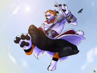 action_pose anthro black_bottomwear black_clothing black_pants black_pawpads blue_eyes blue_sky bottomwear clothed clothing duo fangs fur jumping low-angle_view male male_anthro open_mouth orange_body orange_fur pants pawpads pose robe sky solo_focus teeth white_body white_clothing white_fur white_robe solaxe_(artist) assassin's_creed ubisoft ulbrek accipitrid accipitriform avian bird eagle felid mammal pantherine tiger