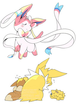 feral group azuma_minatsu nintendo pokemon eevee eeveelution generation_1_pokemon generation_5_pokemon generation_6_pokemon jolteon joltik pokemon_(species) sylveon hi_res tagme