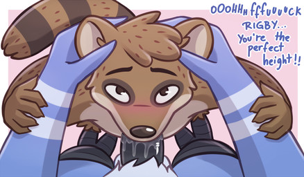 anthro balls blue_body blush brown_body brown_fur dialogue duo first_person_view fur genitals hand_on_head looking_at_viewer male male/male male_penetrated male_penetrating male_penetrating_male oral penetration penis penis_in_mouth service_height sex size_difference text mytigertail cartoon_network regular_show mordecai_(regular_show) rigby_(regular_show) avian bird blue_jay corvid jay_(bird) mammal new_world_jay oscine passerine procyonid raccoon 2023 english_text hi_res