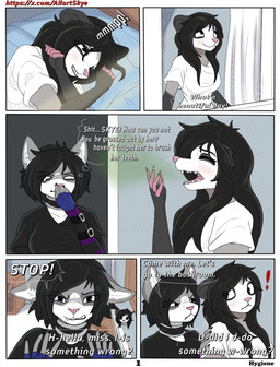 anthro black_body black_fur clothing dialogue duo female fur grey_body grey_fur pink_body pink_nose text white_body white_fur allartskye evelyne_(allartskye) kia_(allartskye) american_opossum domestic_cat felid feline felis mammal marsupial comic english_text hi_res