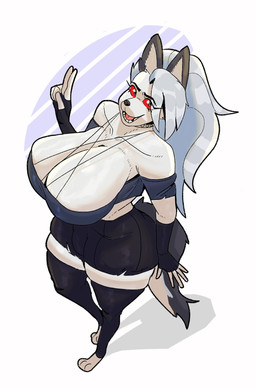 anthro big_breasts biped blush breasts bulge butt cleavage clothed clothing digitigrade fully_clothed fur gynomorph hair high-angle_view huge_breasts intersex looking_at_viewer red_sclera simple_background smile solo standing tail thick_thighs white_background white_body white_fur cafe_ydonas helluva_boss mythology loona_(helluva_boss) canid canid_demon canine canis demon hellhound mammal mythological_canine mythological_creature wolf digital_media_(artwork) hi_res
