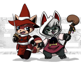 anthro beak black_body black_feathers black_tipped_tail blue_eyes bracelet cape clothing dress duo eyebrows eyewear feather_hands feathers female flowing_robes fluffy fluffy_tail fur glasses green_eyes hair hat headgear headwear holding_melee_weapon holding_object holding_rapier holding_staff holding_sword holding_weapon hood jewelry long_socks magic_user markings melee_weapon necklace open_beak open_mouth pattern_background pose rapier red_body red_clothing red_fur shadow shirt simple_background staff striped_markings striped_tail stripes sword tail tail_markings teeth_showing topwear tunic weapon wearing_glasses white_background white_body white_clothing white_feathers white_hair witch_hat wizard_robe lkiws dungeons_and_dragons hasbro wizards_of_the_coast aiko_(infamousrel) fukiyo_(pokeandpenetrate) ailurid avian bird mammal owl red_panda 2019 hi_res