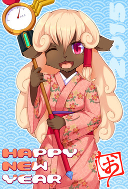 5_fingers anthro asian_clothing blonde_hair brown_body brown_fur clothed clothing east_asian_clothing female fingers fur hair holidays japanese_clothing kemono kimono long_hair obi one_eye_closed red_eyes solo wink year shio_inu new_year bovid caprine domestic_sheep goat mammal sheep 2015 hi_res japanese_description