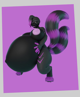 abstract_background anthro big_breasts black_body black_fur breasts female fur glowing glowing_eyes glowing_nipples grey_body grey_fur hand_on_belly huge_breasts hyper hyper_breasts hyper_pregnancy nipples pregnant pregnant_anthro solo linkiepuppo_2_(artist) linkie_(thatdoggolinkie) canid canine canis domestic_dog hybrid mammal 3d_(artwork) digital_media_(artwork) hi_res