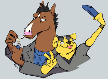 anthro brown_body brown_fur cellphone cigarette clothing duo electronics eyewear fur gesture hand_gesture jacket lighter male phone selfie shirt sunglasses sweater t-shirt tongue tongue_out topwear v_sign yellow_body yellow_fur haps bojack_horseman netflix bojack_horseman_(character) mr._peanutbutter bird_dog canid canine canis domestic_dog equid equine horse hunting_dog labrador mammal retriever 2018