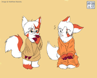 after_transformation bodily_fluids bottomless bottomwear bottomwear_down chest_tuft claws clothed clothing duo eyewear feral fur glasses holding_bottomwear holding_clothing holding_object holding_pants male open_mouth oversized_clothing pajamas pants pants_down partially_clothed red_body red_fur red_sclera shrunk simple_background sitting sweat sweatdrop tongue tongue_out tuft white_body white_fur moofers-mufa nintendo pokemon coshi generation_3_pokemon pokemon_(species) zangoose