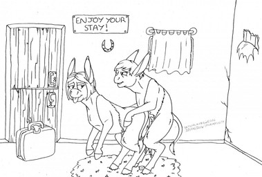 ambiguous_penetration bodily_fluids cum curtains_closed doggystyle duo female feral from_behind_position fur fur_growth genital_fluids growth hay hay_bed hooves horseshoe inside looking_back male male/female mid_transformation nude one_eye_closed penetration romantic romantic_couple sex sign snout snout_growth stable straw_bed suitcase text tongue tongue_out torn_wallpaper transformation artistnjc pleasure_island asinus donkey equid equine human mammal black_and_white english_text monochrome signature